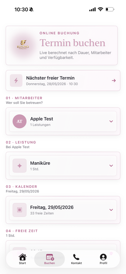 Customer App Buchungsflow mit Mitarbeiter, Leistung und Kalender