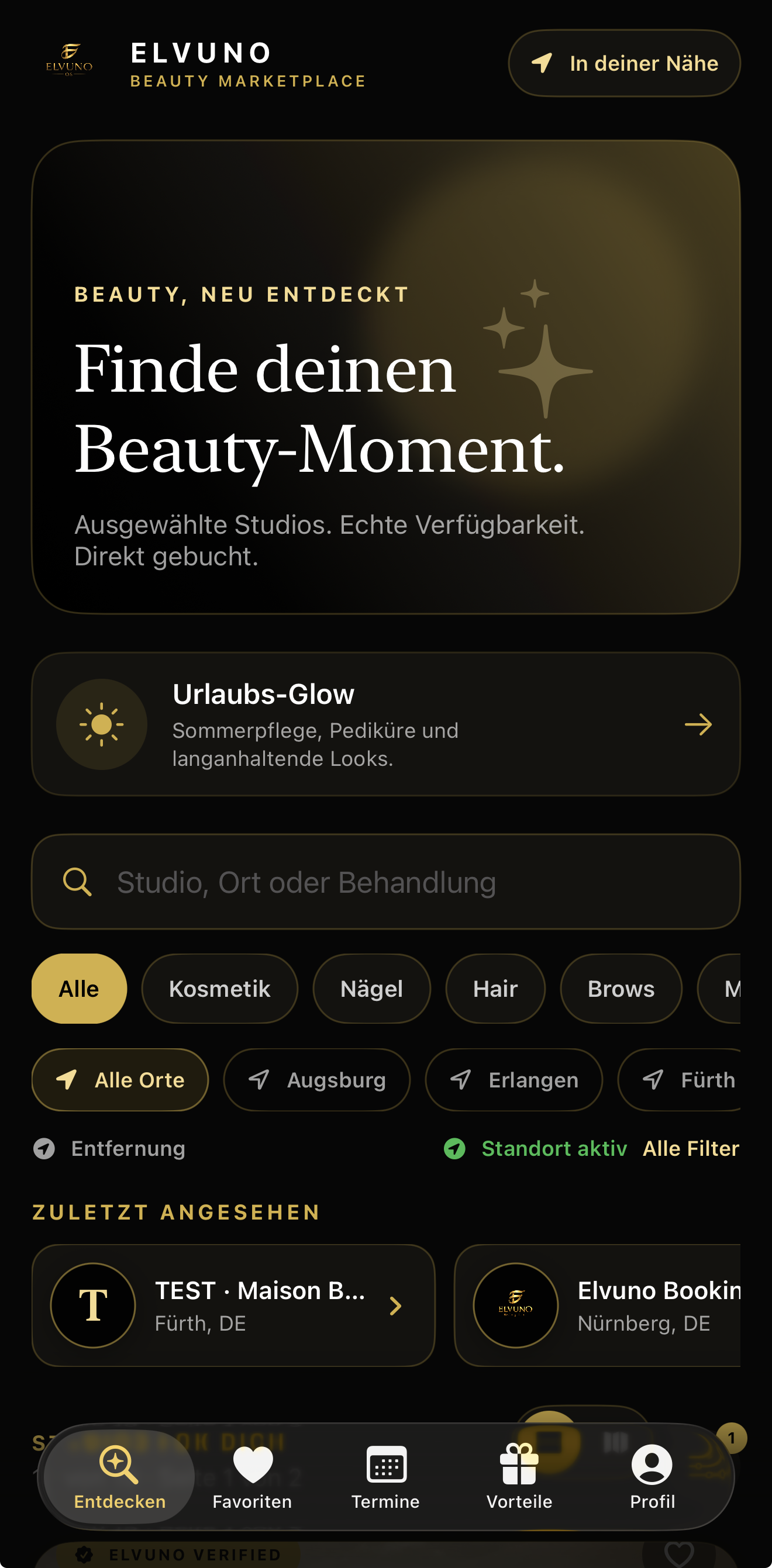 Elvuno Beauty Marketplace App mit Studiosuche, Standortfiltern und zuletzt angesehenen Studios