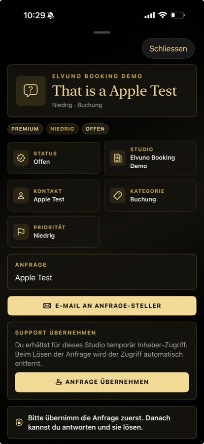 Elvuno Care Support Ticket Detail mit sicherer Anfrage-Übernahme
